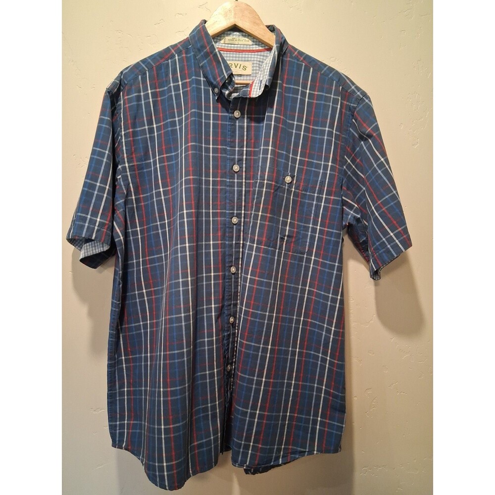 VTG Orvis Men's L Blue Plaid Short Sleeve Shirt Cotton Casual Button Up Preppy